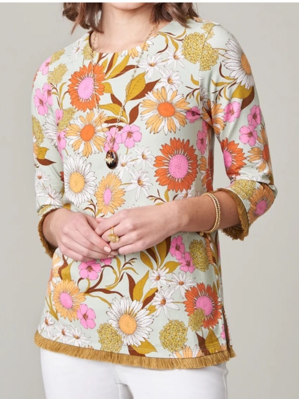Spartina 449 Island Fringe Top Heyward’s Rate Gerber Daisies‎ XS